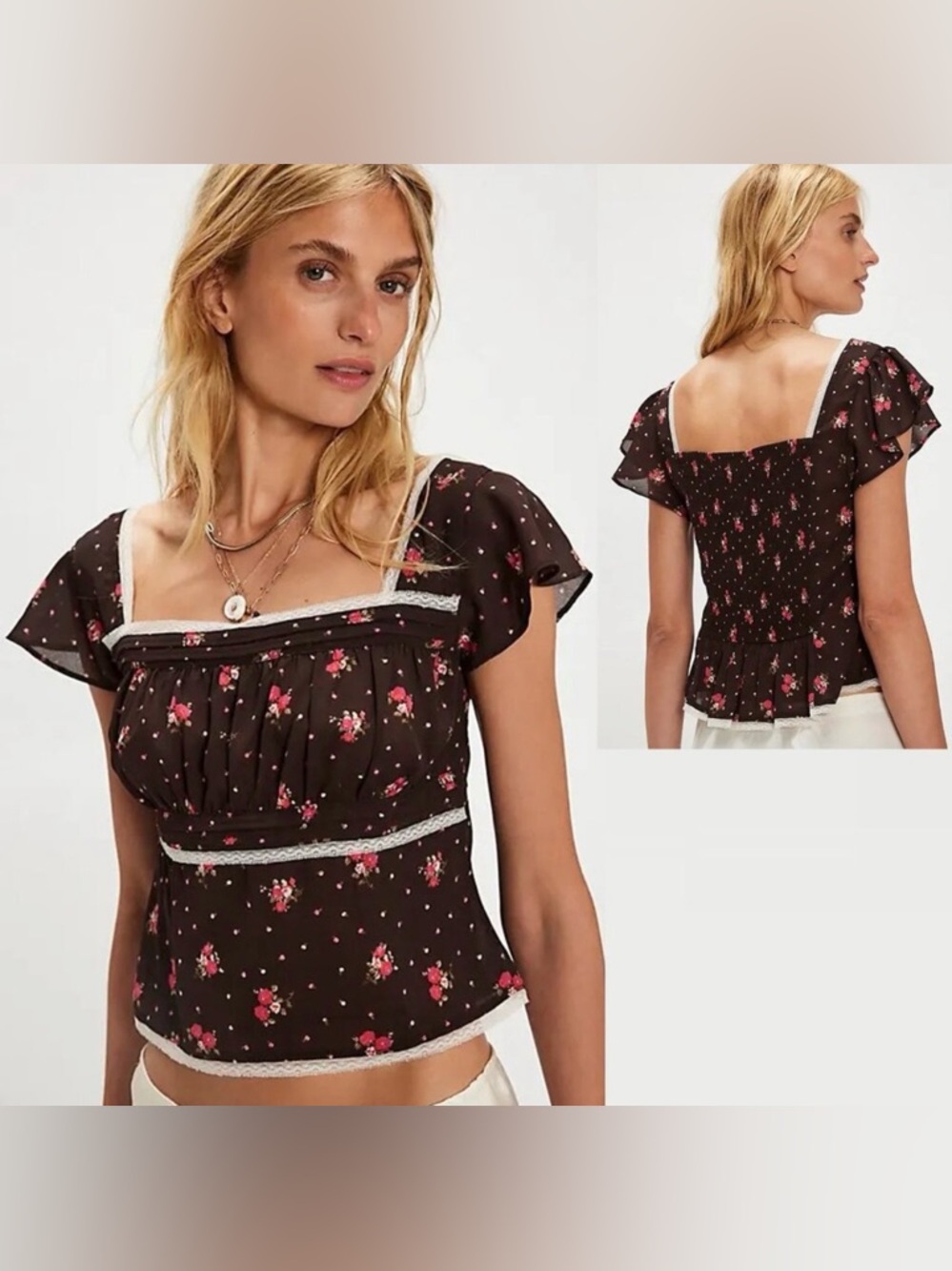 Free People Chocolate Floral Square-Neck Peplum Top with Pink Roses